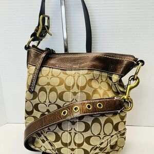 Coach Signature 10402 Crossbody Purse Shoulder Bag with Leather Trim Brown